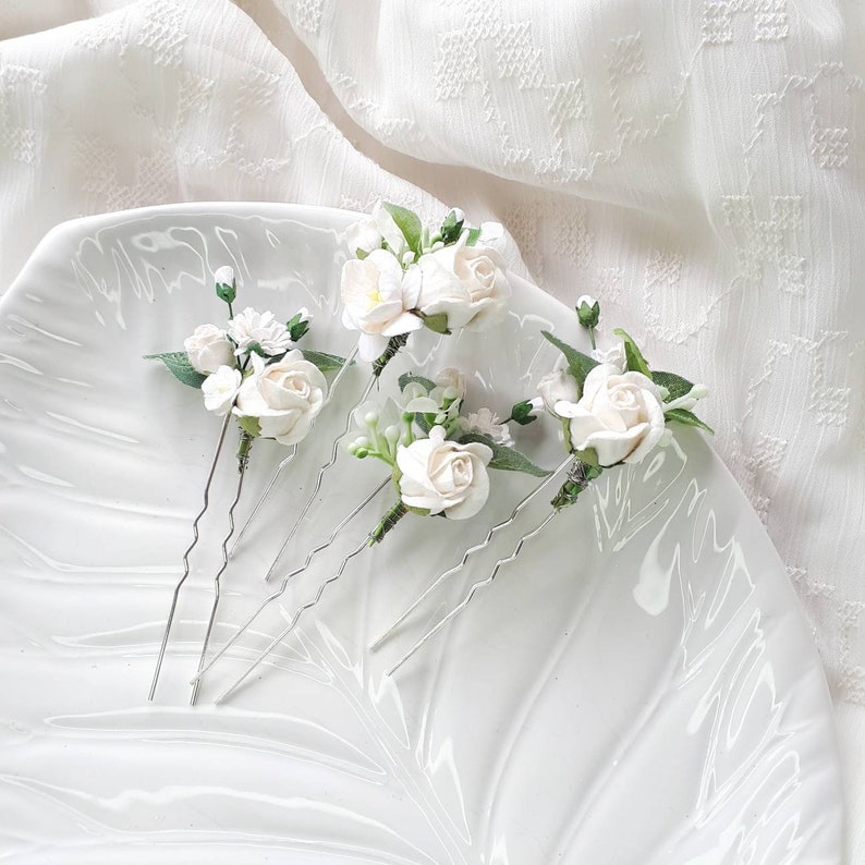 White rose bridal hair pins Flower wedding hair piece image 7