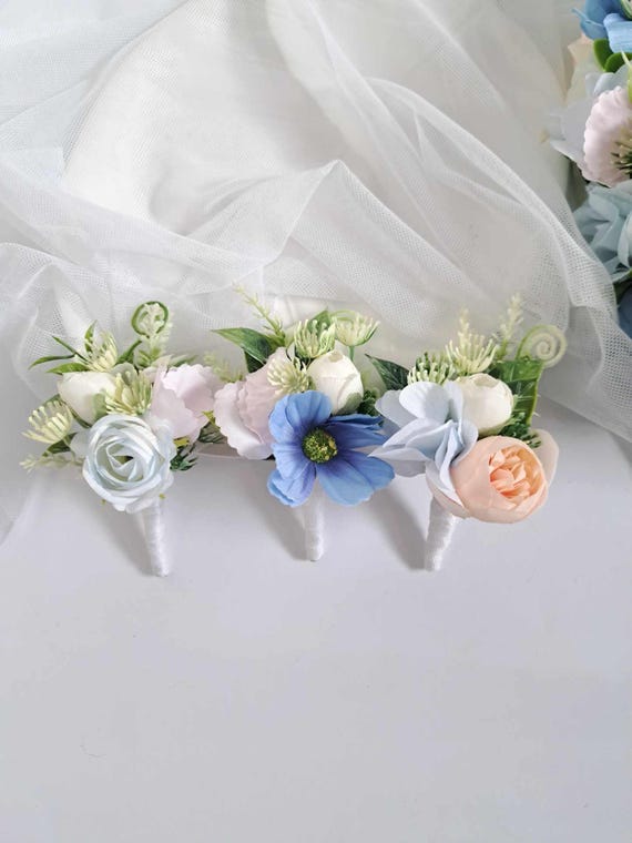 Lot De 6 Boutonnières Marié En Forme De Rose - Bleu Clair, Soie Et Métal - Pour Cérémonie, Anniversaire, événement Formel