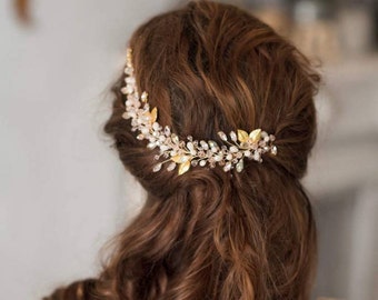 Gold pink bridal hair piece Leaf wedding hair vine Gold bridal hair vine