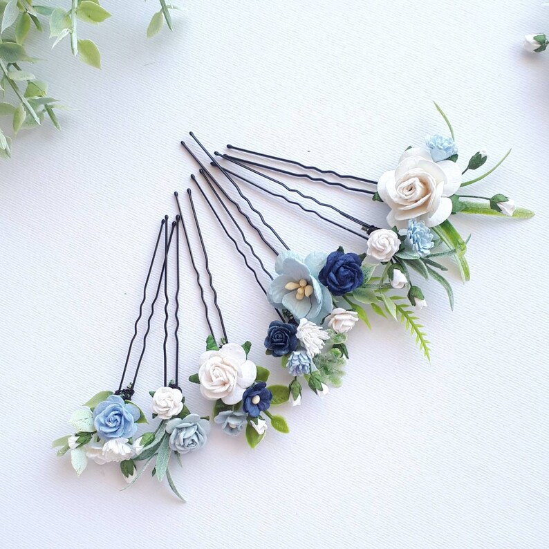 Dusty blue bridal hair piece White and blue floral hair pins Blue wedding hair comb image 9