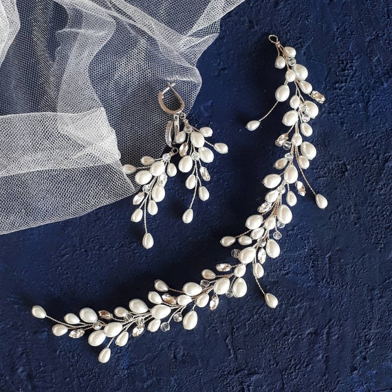 Pearl Wedding Hair Piece Bridal Vine Earrings Bridal Hair  display picture 1