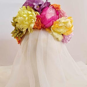 Corona de flores mexicanas de color naranja, morado y rosa Tocado del Día de los Muertos Corona de halo con flores