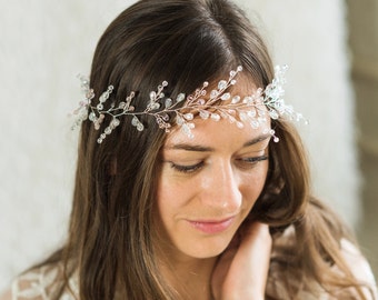 Pink and white crystal hair piece Long wedding hair vine Wedding silver hair piece