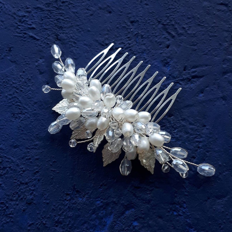 Silver leaf wedding hair comb Pearl hair piece bride image 6
