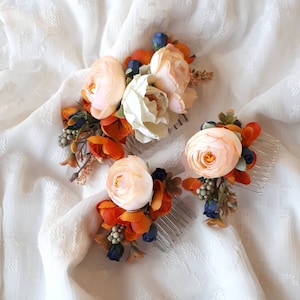 Rust and dusty blue wedding hair accessories Orange blue flower comb
