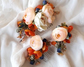 Rust and dusty blue wedding hair accessories Orange blue flower comb