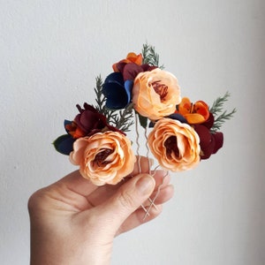 Rust orange flower hair pins Burgundy wedding hair piece for bride