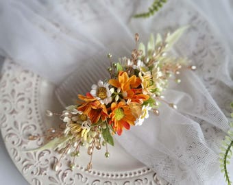 Sonnenblume Braut Blumenkamm Kamille Hochzeit Blumenkamm Orange Hochzeit Blumen Haarkamm Wilde Blumen Braut Haarschmuck