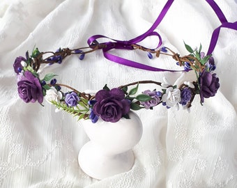 Purple wedding flower crown Plum bridal head piece