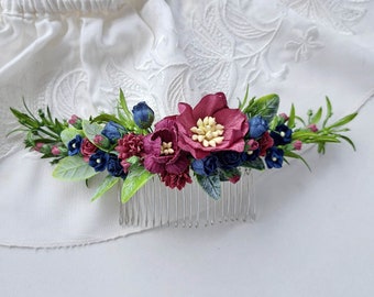 Maroon flower hair comb Burgundy wedding hair piece Navy blue floral hair comb