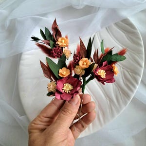 Burgundy dried flowers wedding hair pins Orange yellow bridal flower pins Burnt orange bridesmaid pins Marsala hairpiece