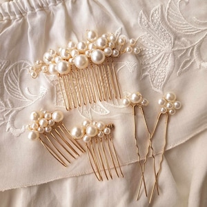 White pearl wedding hair comb Gold hair piece for bride