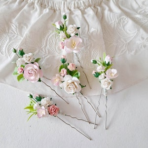 Blush pink white flower hair pins Set floral hair piece for wedding Pale pink flower bobby pins