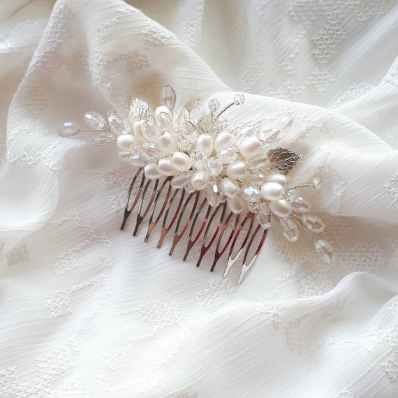 White Pearl and Silver Leaf Bridal Hair Comb Piece Amazon.com : Latious Silver Flower Wedding Hair Comb Pearl  main image 2