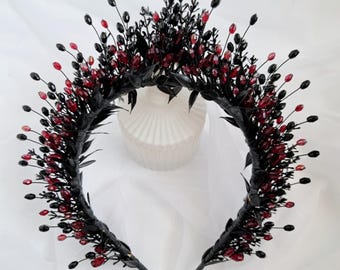 Black red crystal gothic crown Black dark red flower headpiece Gothic wedding crown Halloween crown