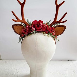 Christmas headband woman Reindeer antler headband  Red christmas headpiece Flower crown with antlers Halloween crown Headband with antlers