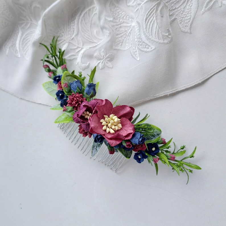 Peigne à cheveux à fleurs marron Pièce de cheveux de mariage bordeaux Peigne à cheveux floral bleu marine image 5