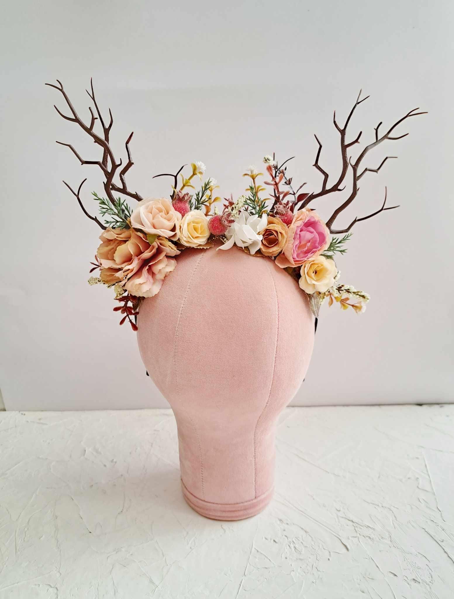 Flower crown with antlers Antler fairy head piece Deer antler floral crown Halloween crown Headband with antlers Woodland crown