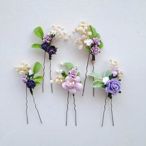 Purple flower hair pins Set dried floral hair pins Ivory lavender bobby pins wedding Bridesmaid hair piece