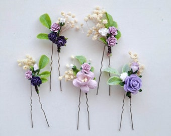 Purple flower hair pins Set dried floral hair pins Ivory lavender bobby pins wedding Bridesmaid hair piece