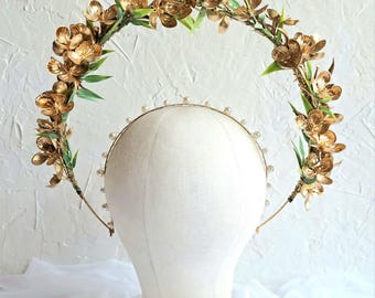 Acessórios de cabelo Summerween: Coroa de casamento de fada, tiara de flores douradas élficas