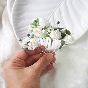 White rose bridal hair pins Flower wedding hair piece image 1