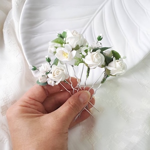 White rose bridal hair pins Flower wedding hair piece image 1