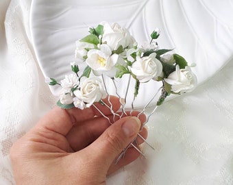 White rose bridal hair pins Flower wedding hair piece