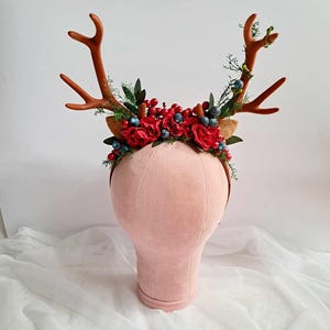 Reindeer antler headband Christmas headband woman Red christmas headpiece Flower crown with antlers Halloween crown Headband with antlers