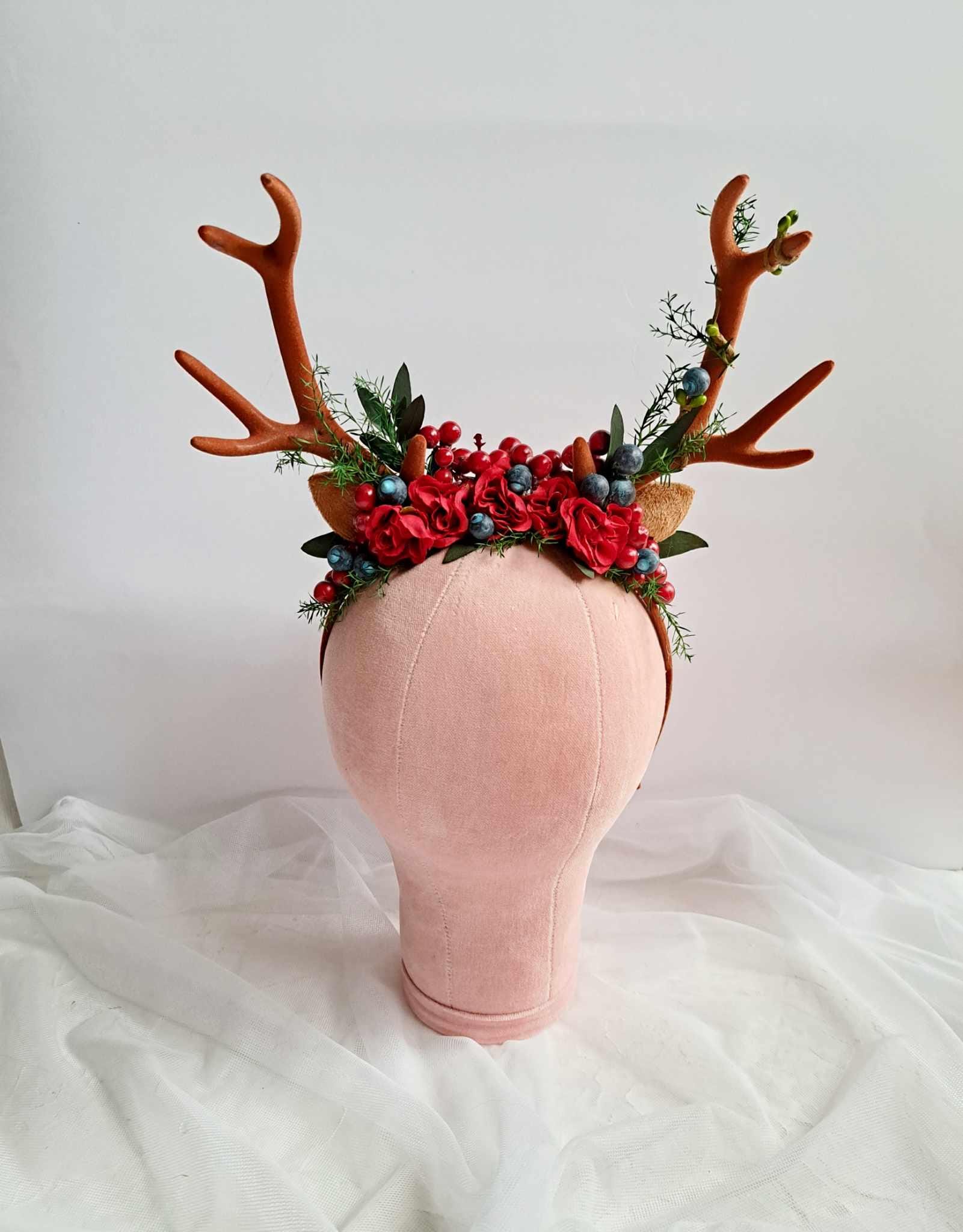 Reindeer antler headband Christmas headband woman Red christmas headpiece Flower crown with antlers Halloween crown Headband with antlers