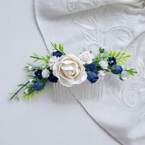 Navy blue white flower hair comb Dark blue wedding hair piece Blue white floral hair comb