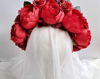 Red mexican flower crown Peonies floral headband Dia de los muertos crown