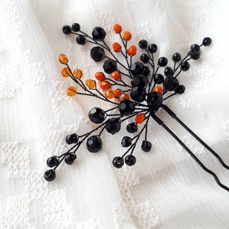 Black and orange gothic hair piece Black wedding hair pin image 5
