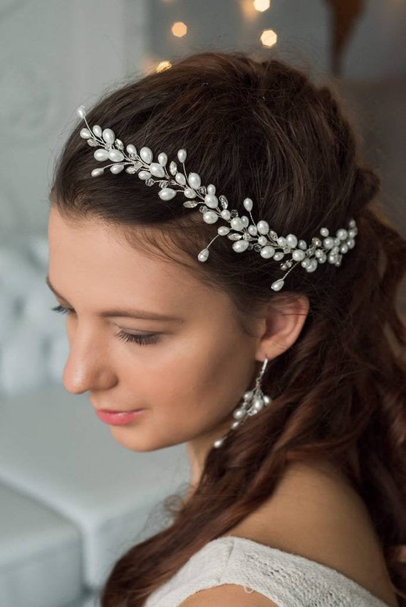 Pearl Hair Piece Wedding White Bridal Hair Vine Crystal  display picture 3