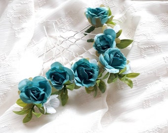 Teal wedding hair pins Flower bridal hair piece Floral hair pins set