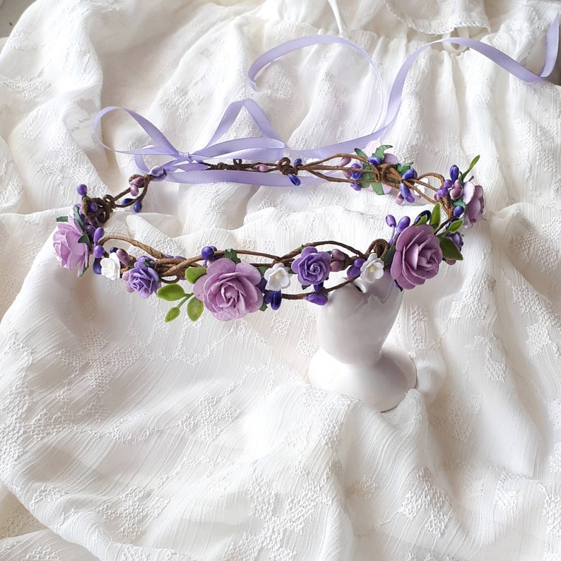 Purple boho flower crown Lavender bridal head piece image 5