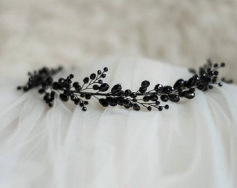 Gothic Black Crown Wedding, Hair Piece for Bride, Gothic headpiece, Black Tiara Crystals, Bridal Hair Crown,