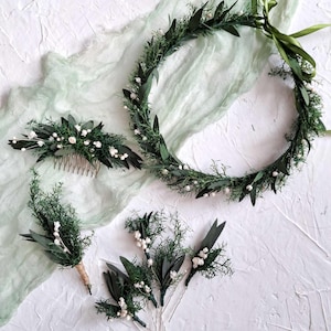 Eucalyptus bridal hairpiece preserved flowers Greenery wedding flowers crown Greenery buttonhole preserved flowers  Wedding in forest