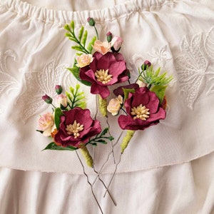 Marsala wedding hair piece Burgundy flower hair pins Set floral hair pins