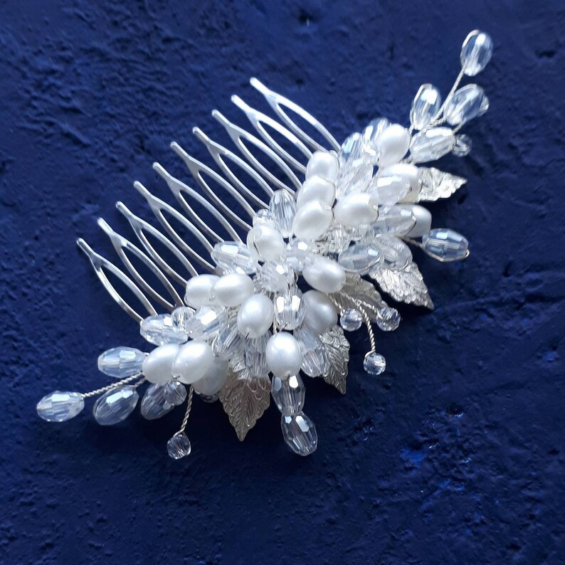Silver leaf wedding hair comb Pearl hair piece bride image 8