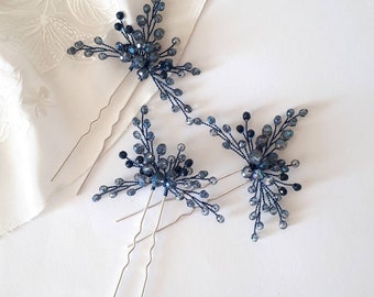Navy blue bridal hair pins set Wedding head piece for bride Wedding hair piece blue
