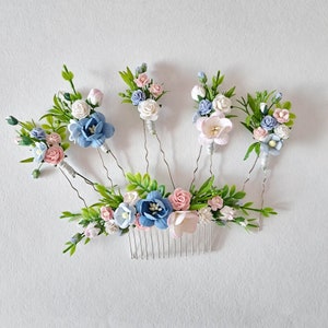 Pale blue bridal hair pins Dusty blue pink flower hair comb Blue pink floral hair piece