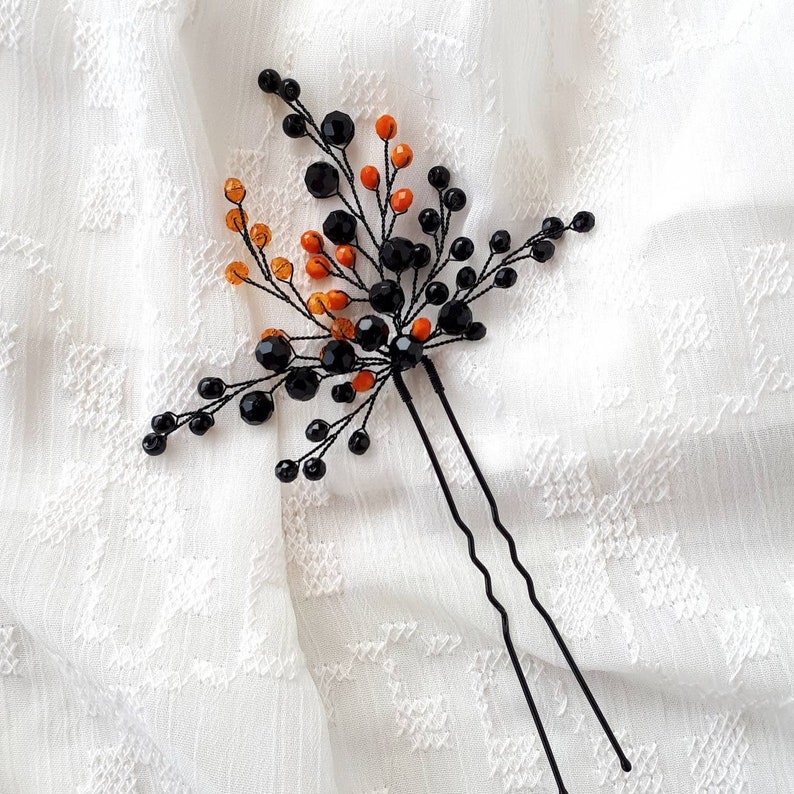 Black and orange gothic hair piece Black wedding hair pin image 1