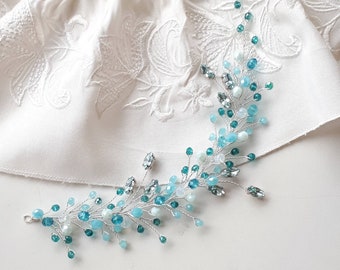 Teal wedding hair piece for bride Blur bridal hair vine