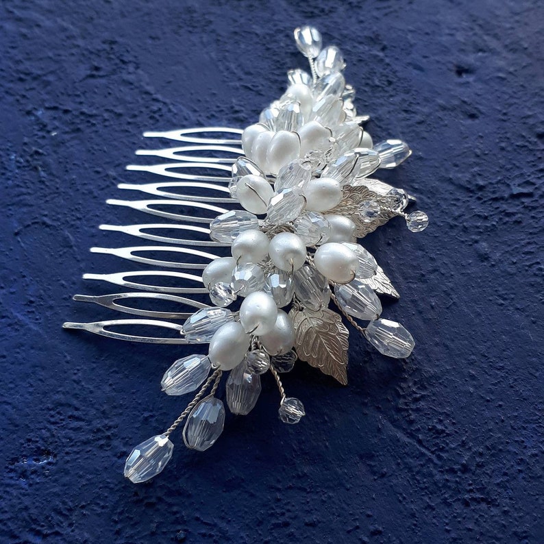 Silver leaf wedding hair comb Pearl hair piece bride image 10