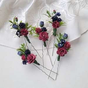 Peigne à cheveux à fleurs marron Pièce de cheveux de mariage bordeaux Peigne à cheveux floral bleu marine image 9
