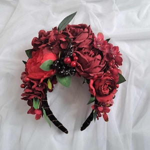 Burgundy mexican flower crown Peonies floral headband Dia de los muertos crown Dark red gothic crown