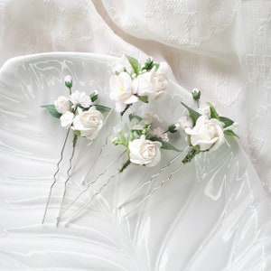 White rose bridal hair pins Flower wedding hair piece image 3