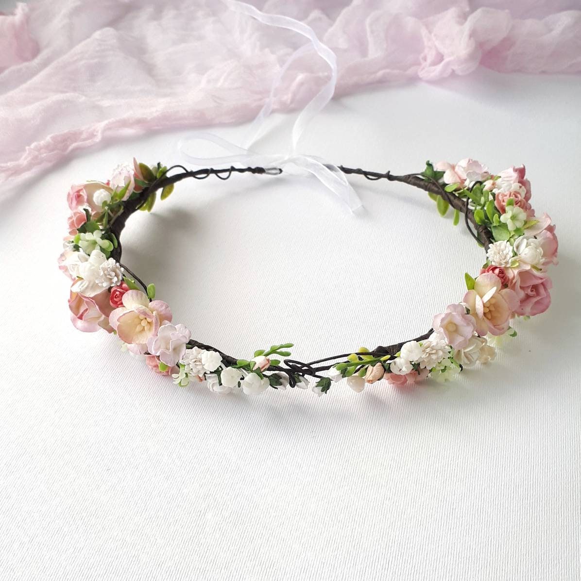 Pink bridal flower crown Floral wedding head piece for bride Etsy