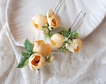 Yellow flower hair pins Orange floral wedding hair piece set